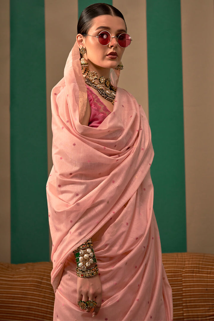 Flamingo Pink Woven Cotton Silk Saree