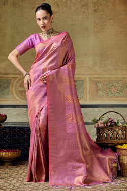 Flamingo Pink Zari Woven Kanjivaram Silk Saree