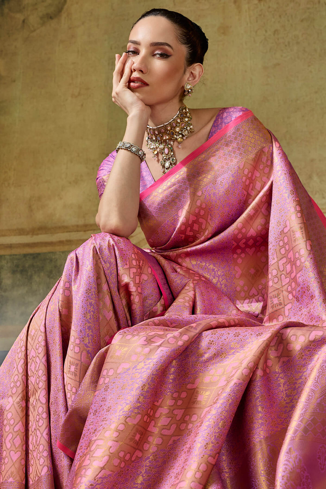 Flamingo Pink Zari Woven Kanjivaram Silk Saree