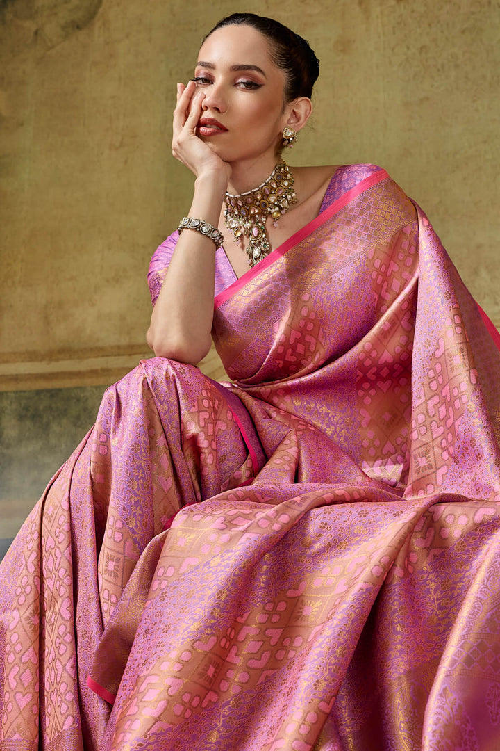 Flamingo Pink Zari Woven Kanjivaram Silk Saree