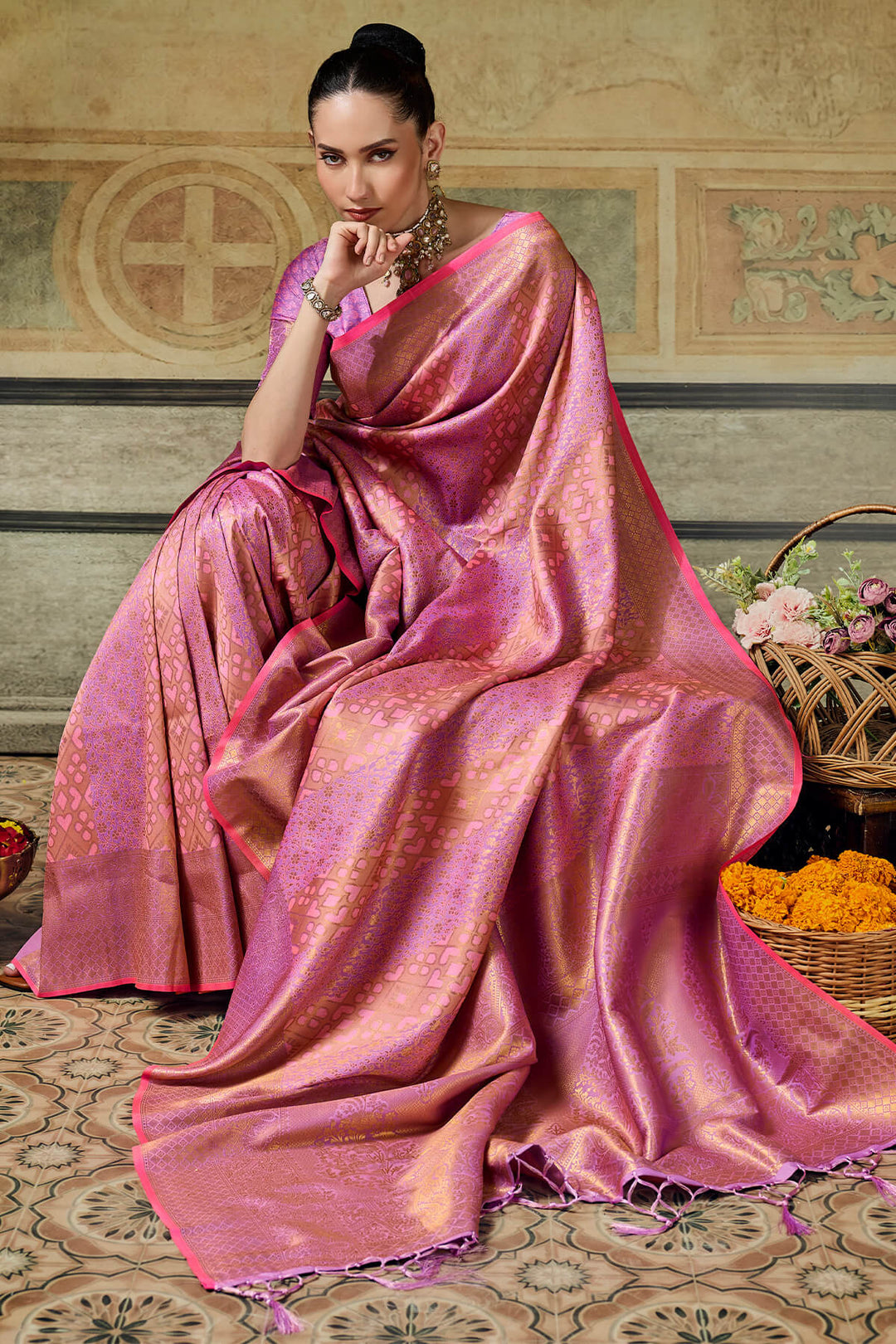 Flamingo Pink Zari Woven Kanjivaram Silk Saree