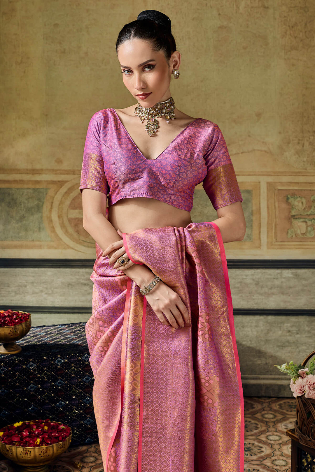 Flamingo Pink Zari Woven Kanjivaram Silk Saree