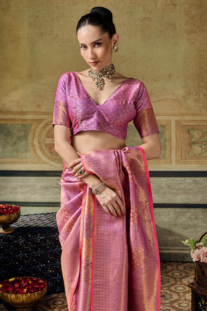 Flamingo Pink Zari Woven Kanjivaram Silk Saree