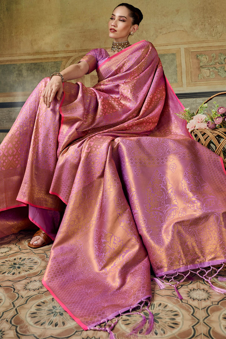 Flamingo Pink Zari Woven Kanjivaram Silk Saree