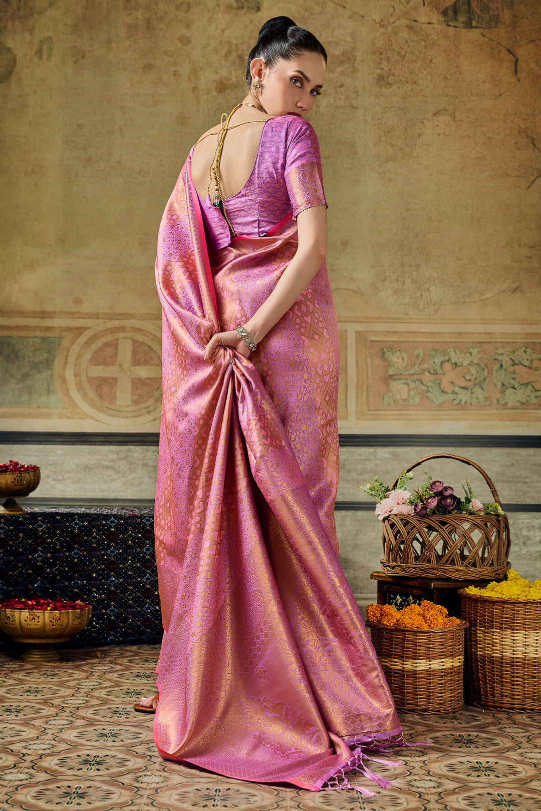 Flamingo Pink Zari Woven Kanjivaram Silk Saree
