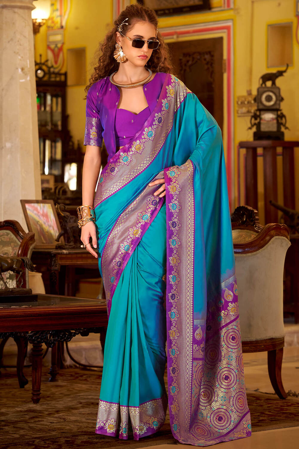 Flat Blue Banarasi Soft Silk Saree
