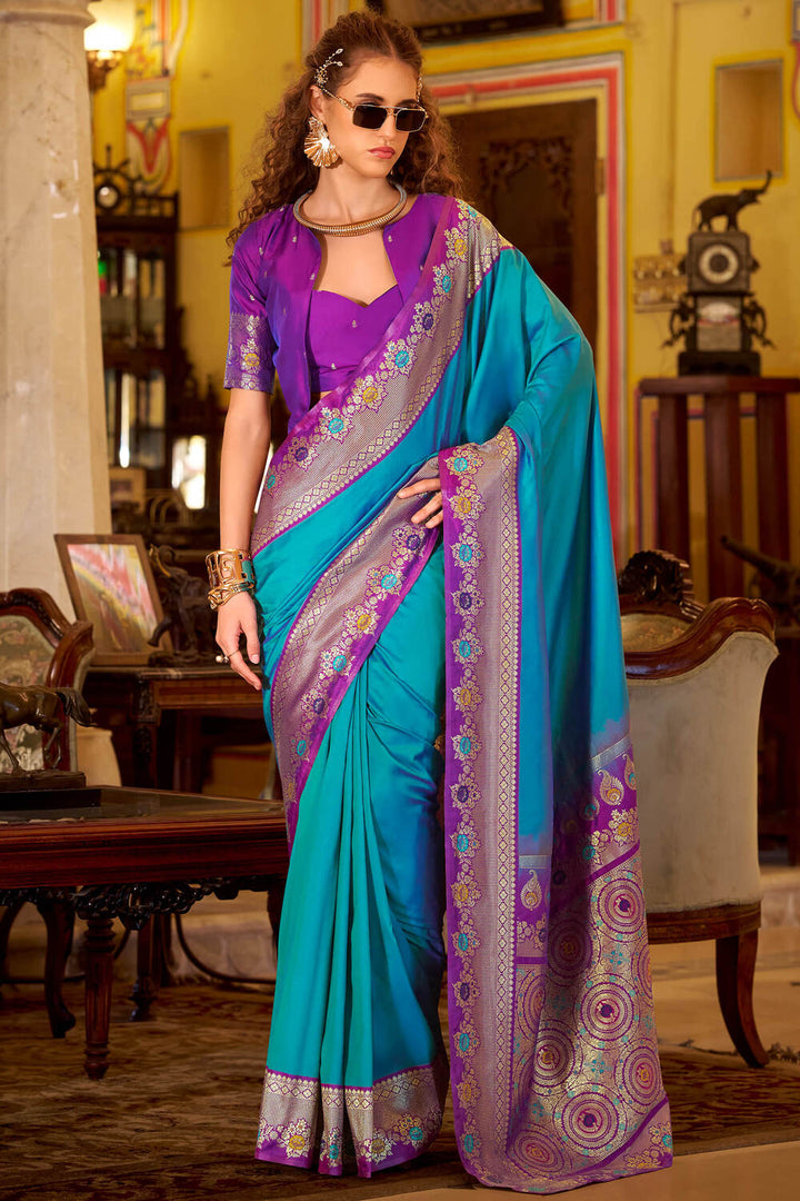 Flat Blue Banarasi Soft Silk Saree
