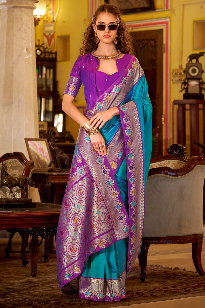Flat Blue Banarasi Soft Silk Saree