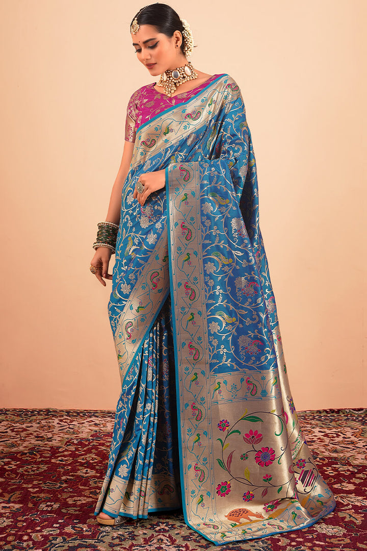 Flat Blue Zari Woven Paithani Silk Saree