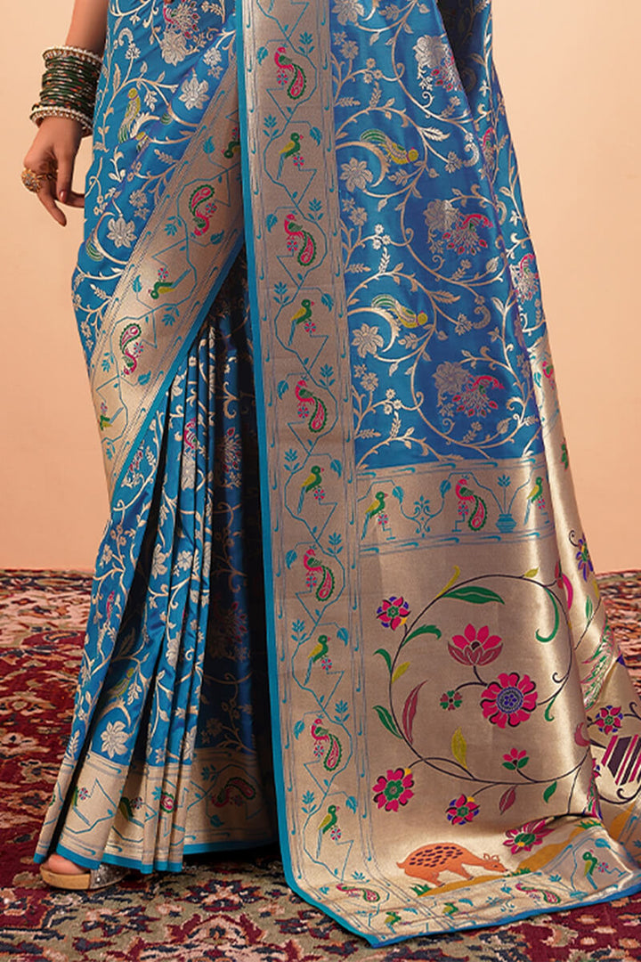 Flat Blue Zari Woven Paithani Silk Saree