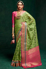 Flat Green Banarasi Cotton Silk Saree
