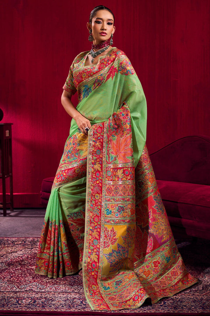 Flat Green Kashmiri Modal Pashmina Silk Saree