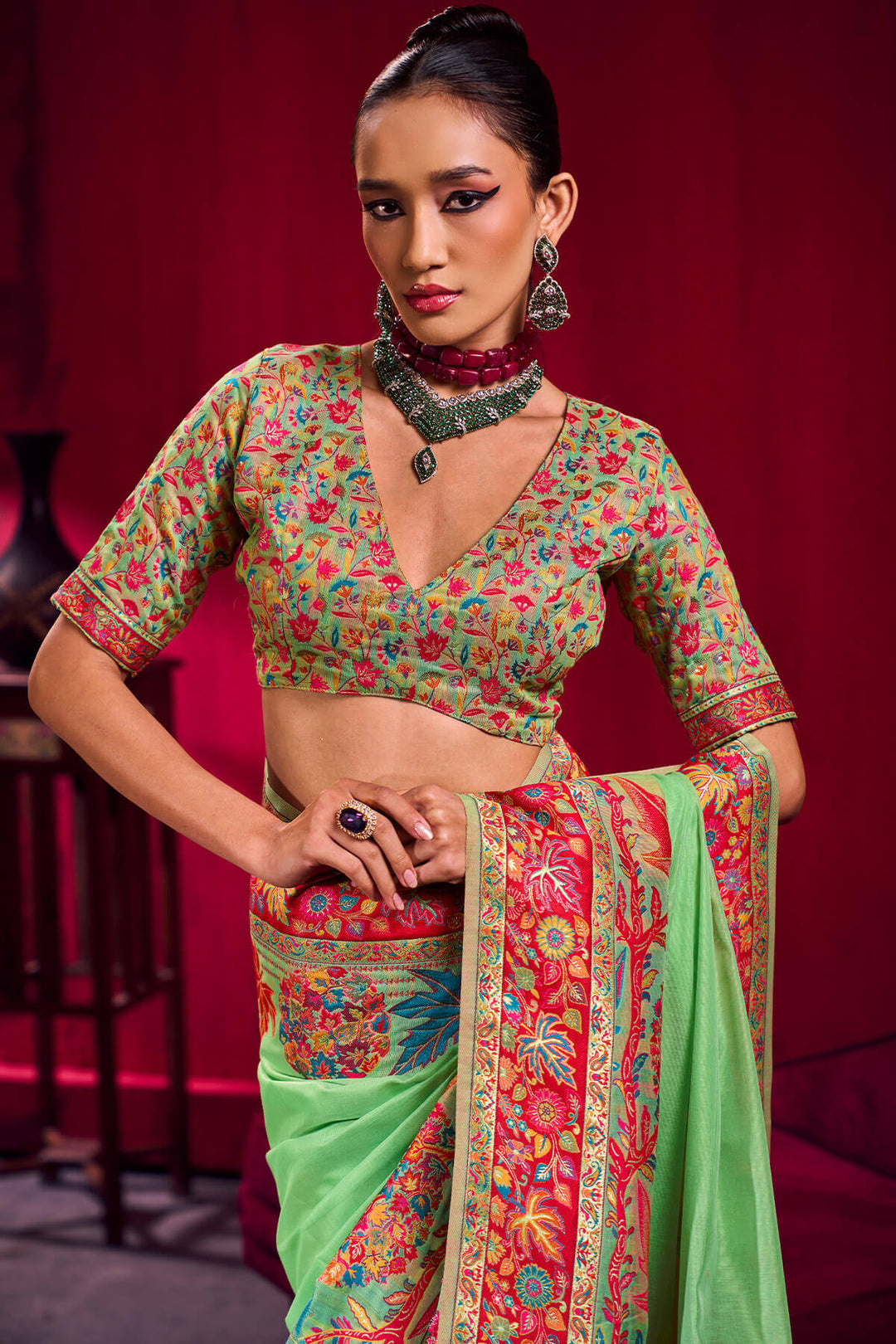 Flat Green Kashmiri Modal Pashmina Silk Saree