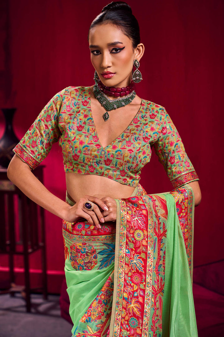Flat Green Kashmiri Modal Pashmina Silk Saree
