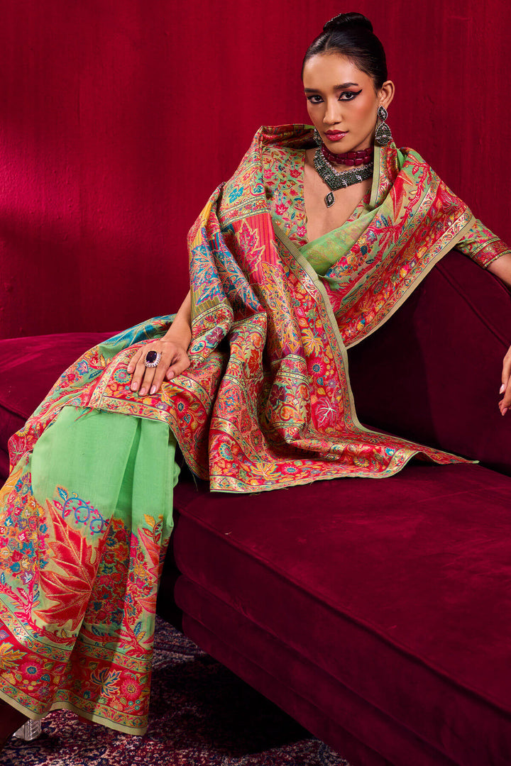 Flat Green Kashmiri Modal Pashmina Silk Saree