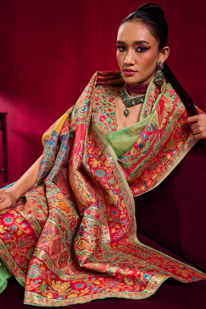 Flat Green Kashmiri Modal Pashmina Silk Saree