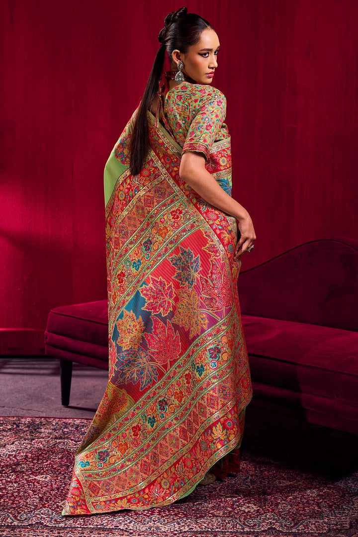 Flat Green Kashmiri Modal Pashmina Silk Saree