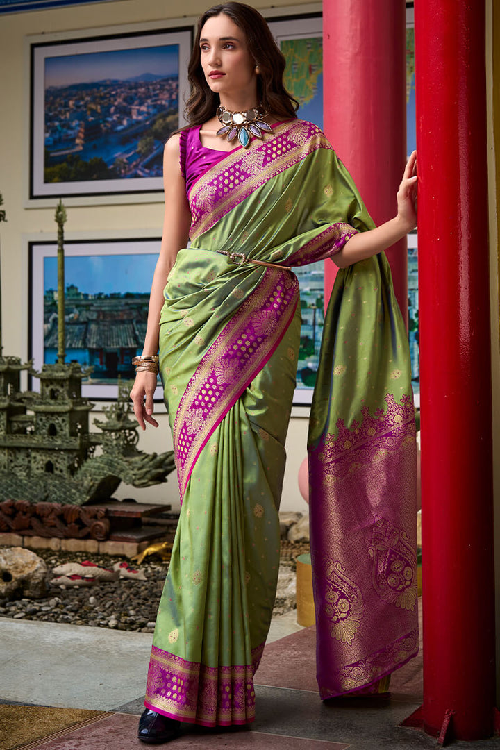 Flat Green Zari Woven Soft Banarasi Silk Saree