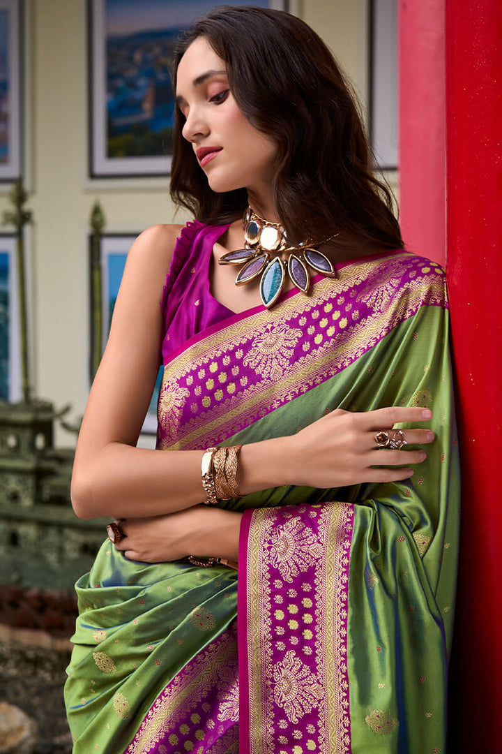 Flat Green Zari Woven Soft Banarasi Silk Saree