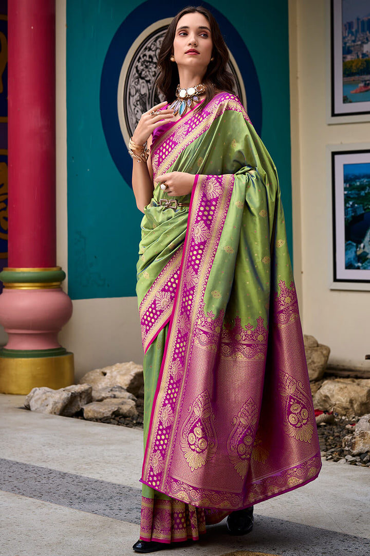 Flat Green Zari Woven Soft Banarasi Silk Saree