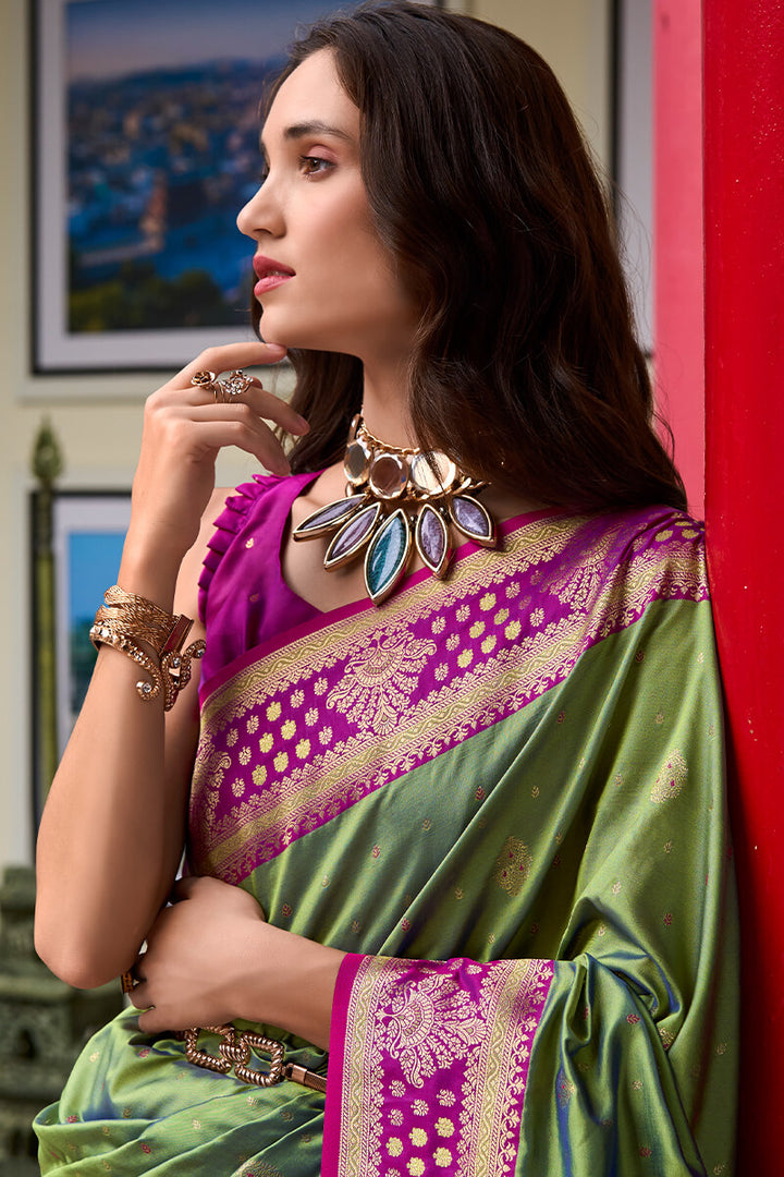 Flat Green Zari Woven Soft Banarasi Silk Saree