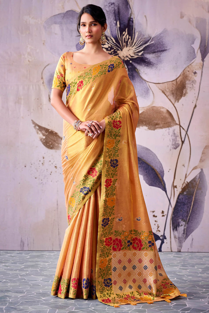Flesh Peach Zari Woven Banarasi Tissue Silk Saree
