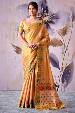 Flesh Peach Zari Woven Banarasi Tissue Silk Saree