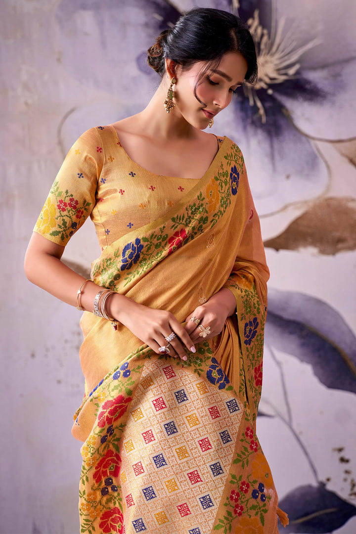 Flesh Peach Zari Woven Banarasi Tissue Silk Saree
