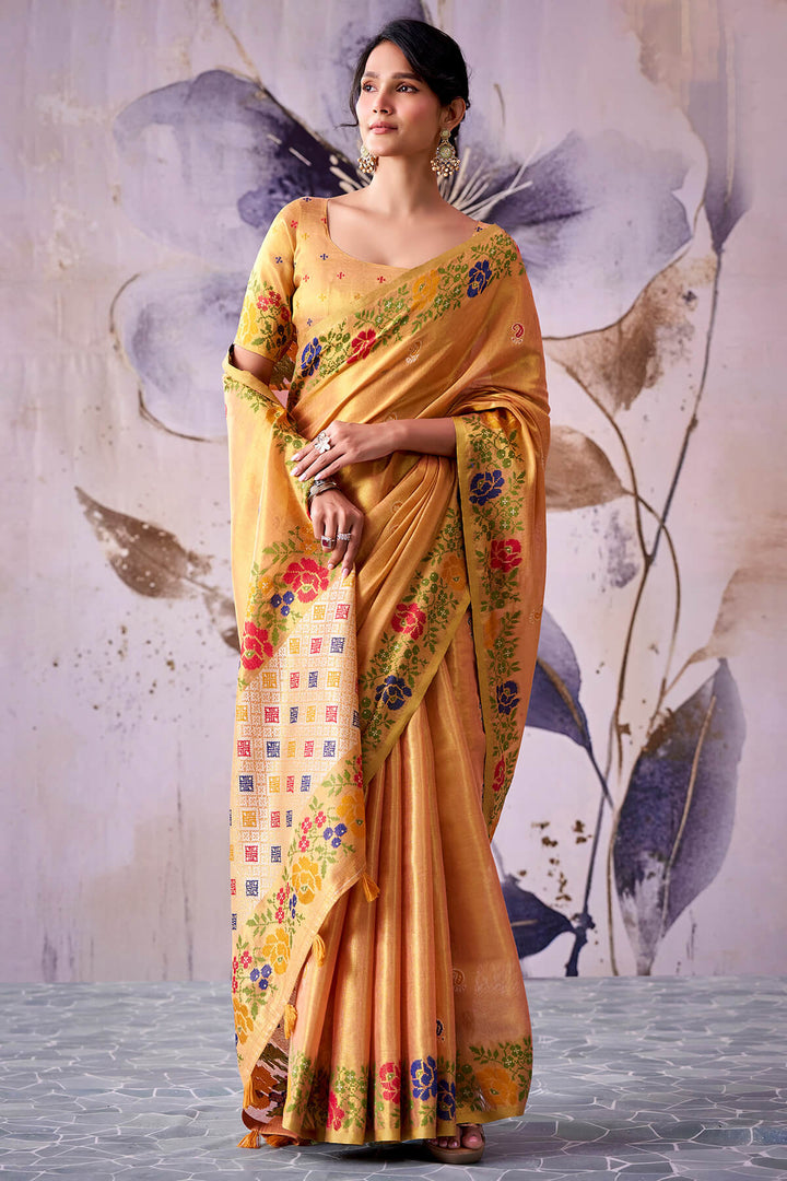 Flesh Peach Zari Woven Banarasi Tissue Silk Saree