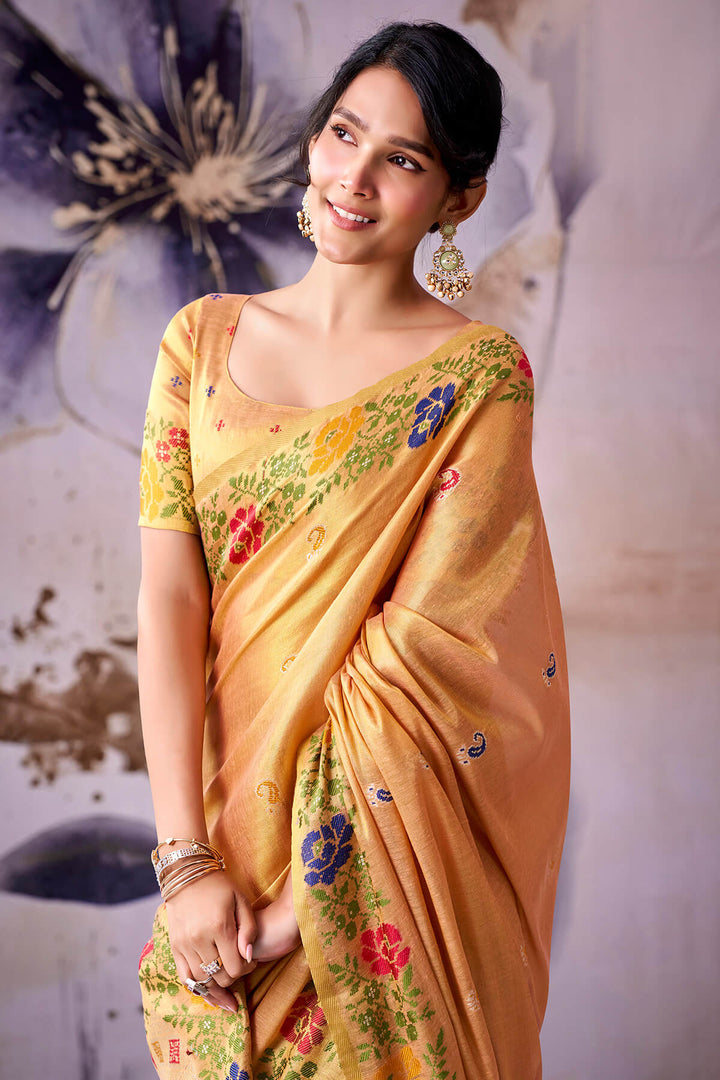 Flesh Peach Zari Woven Banarasi Tissue Silk Saree