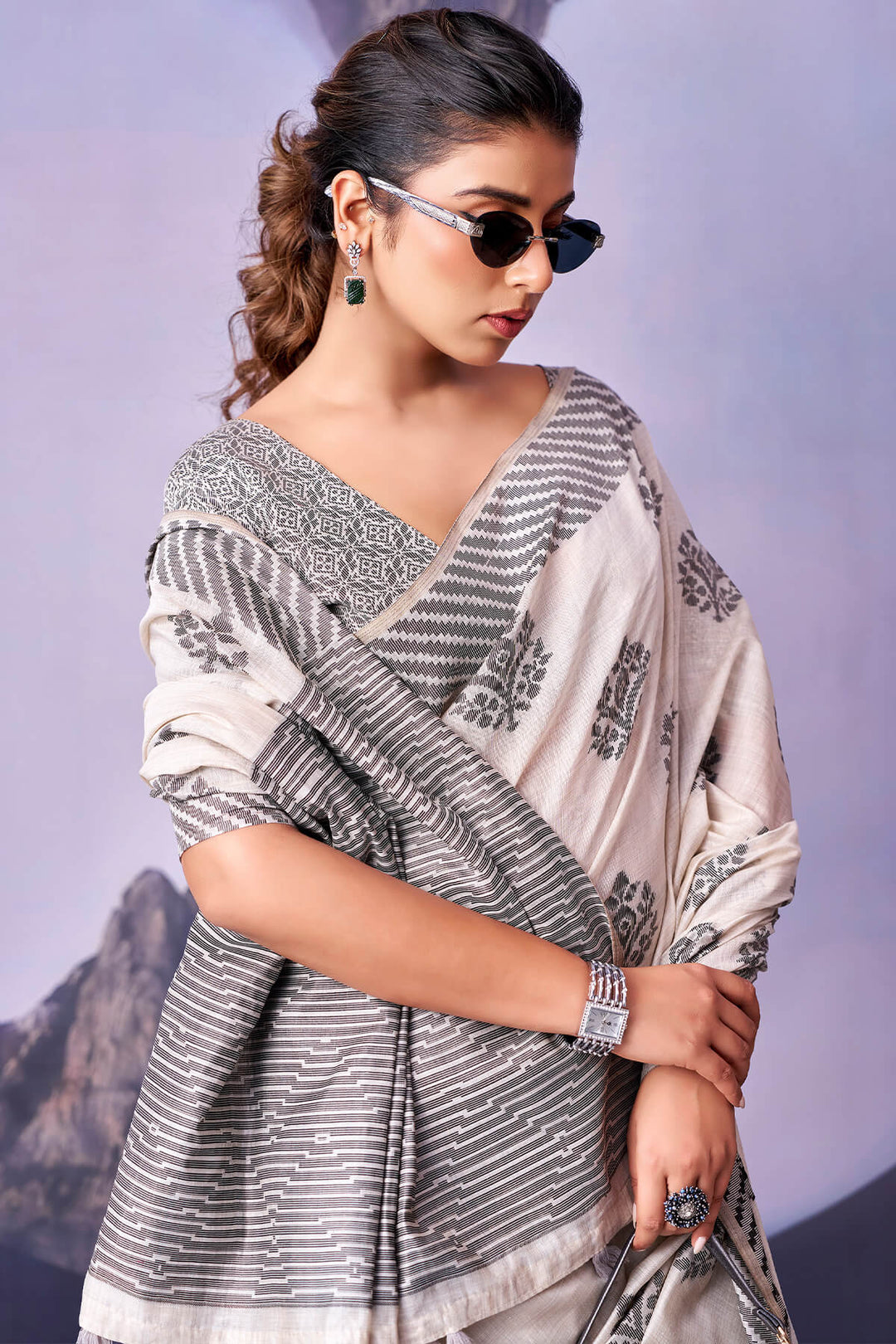 Floral White and Black Cotton Silk Saree