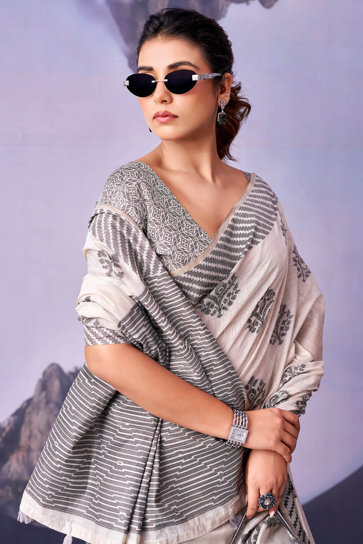 Floral White and Black Cotton Silk Saree
