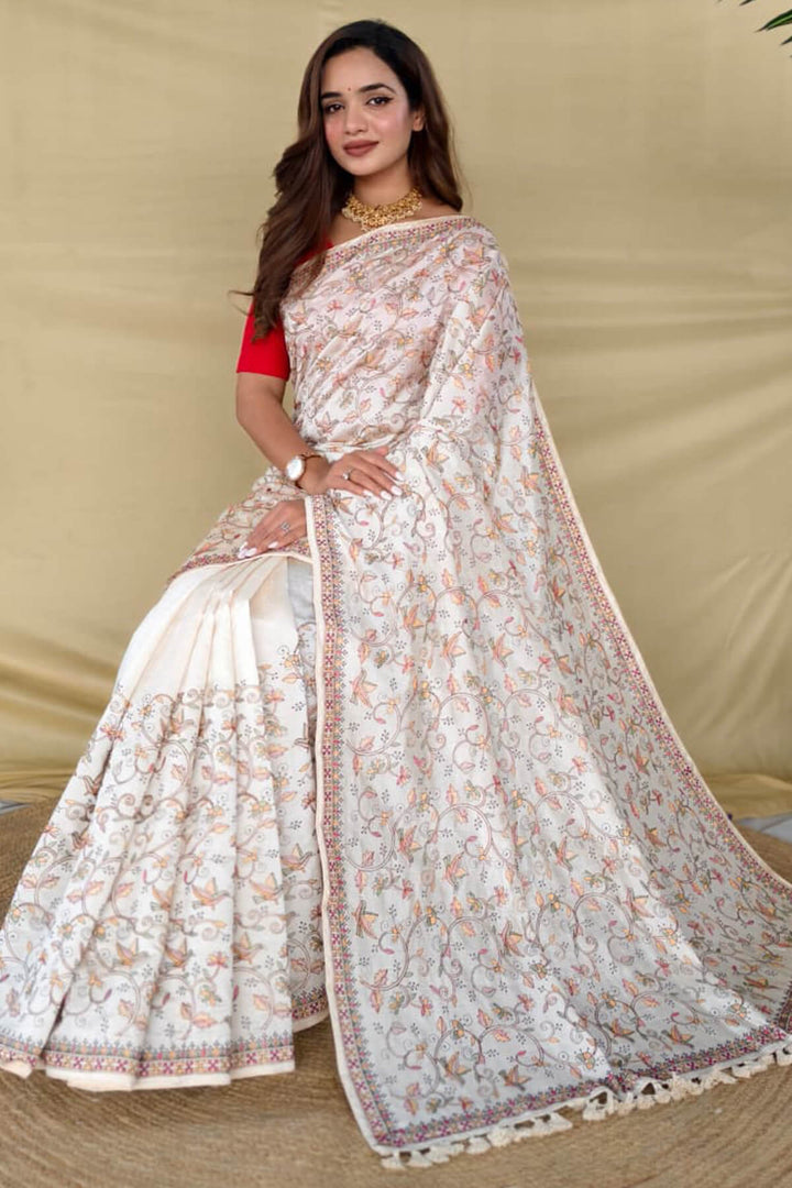 Floral White Embroidery Pure Loom Tussar Silk Saree