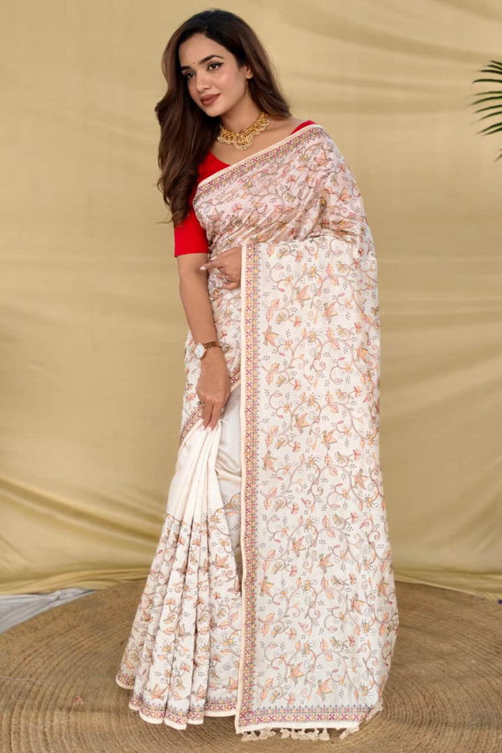 Floral White Embroidery Pure Loom Tussar Silk Saree