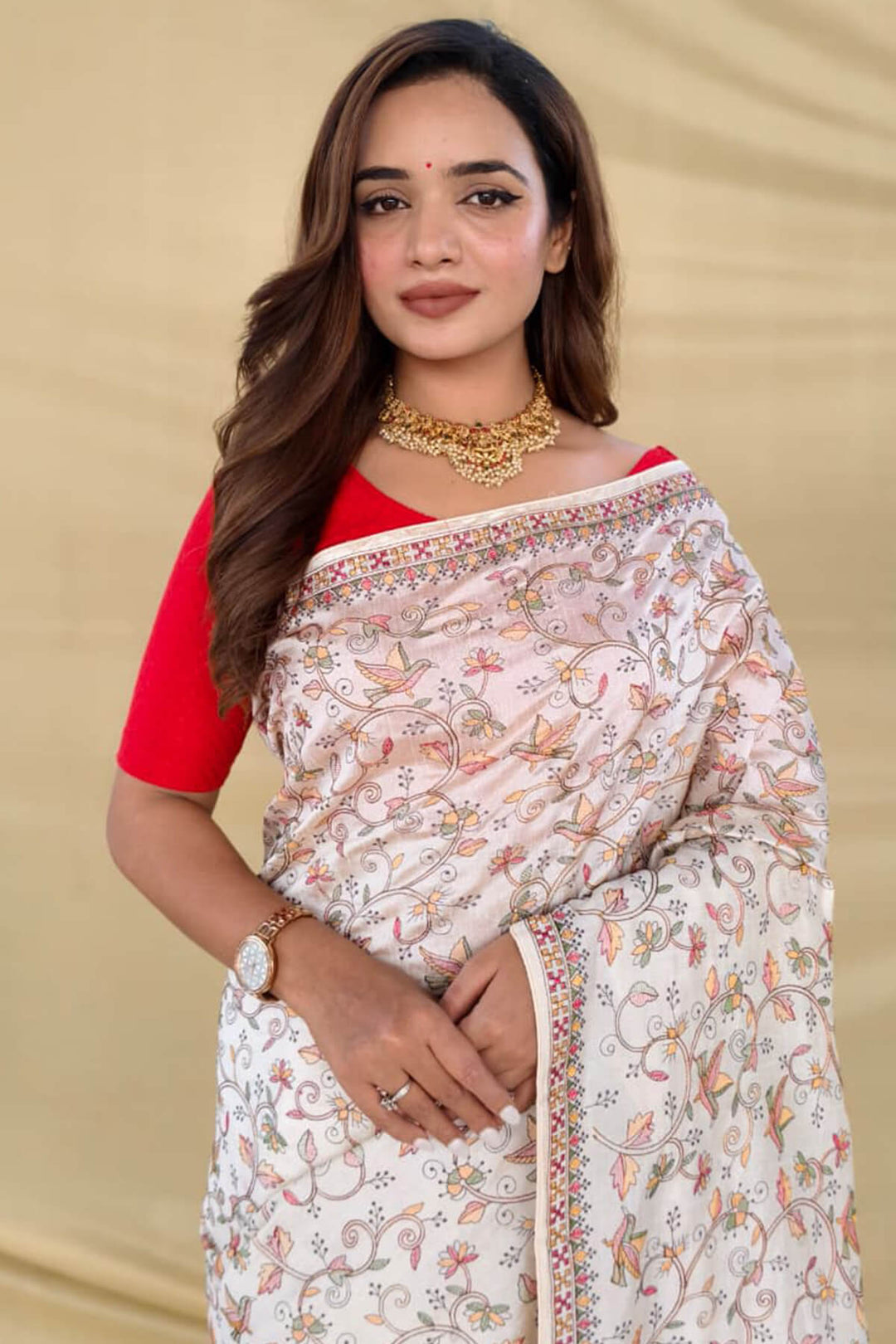 Floral White Embroidery Pure Loom Tussar Silk Saree