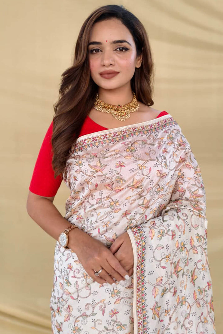 Floral White Embroidery Pure Loom Tussar Silk Saree