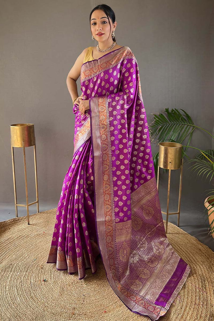 Flower Purple Zari Woven Banarasi Silk Saree