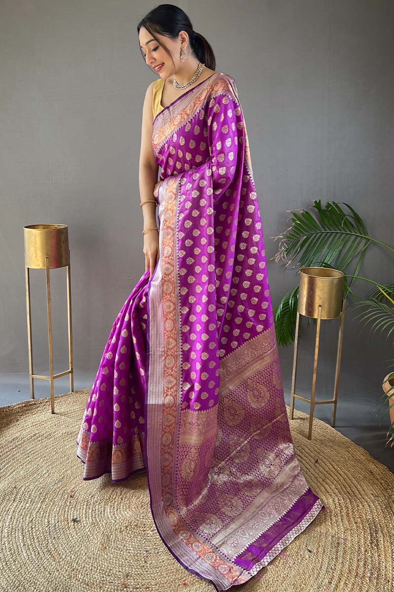 Flower Purple Zari Woven Banarasi Silk Saree