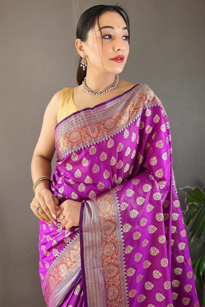 Flower Purple Zari Woven Banarasi Silk Saree