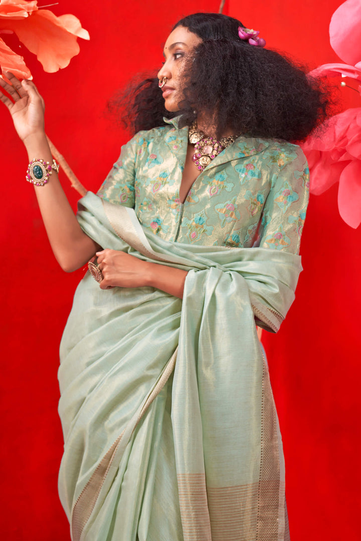 Foggy Green Zari Woven Pure Tissue Silk Saree