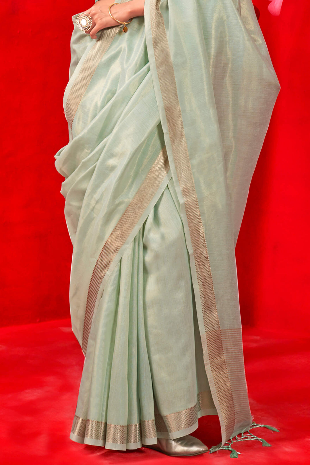 Foggy Green Zari Woven Pure Tissue Silk Saree
