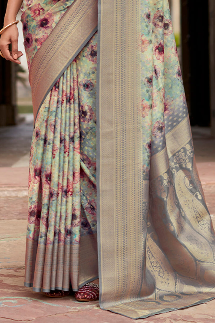 Foggy Grey Printed Crape Silk Saree