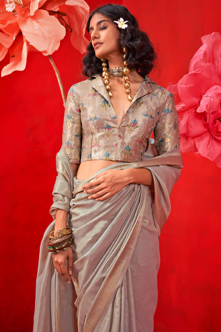 Foggy Grey Zari Woven Pure Tissue Silk Saree
