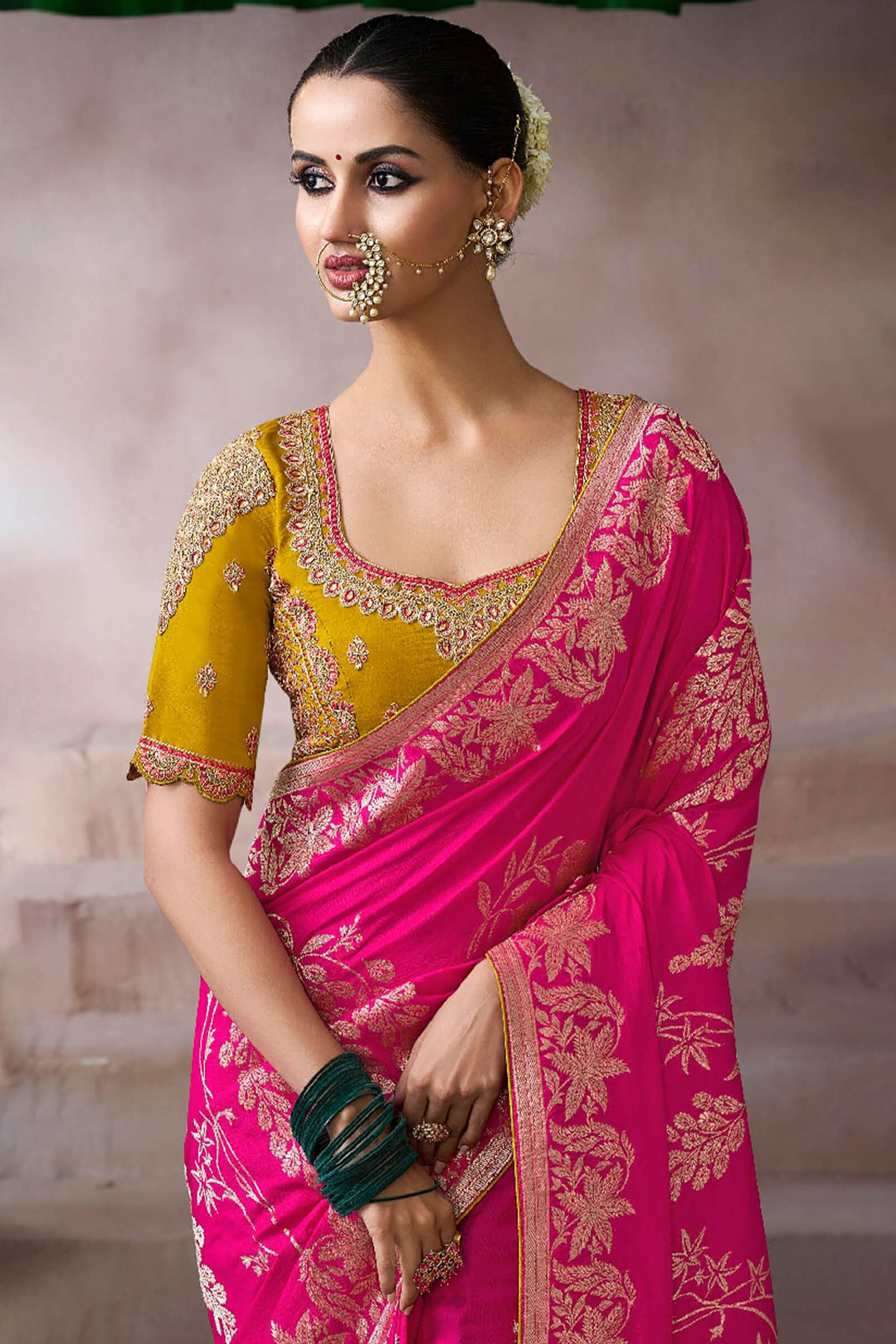 Folly Pink Zari Woven Pure Crape Silk Saree with Designer Blouse Piece