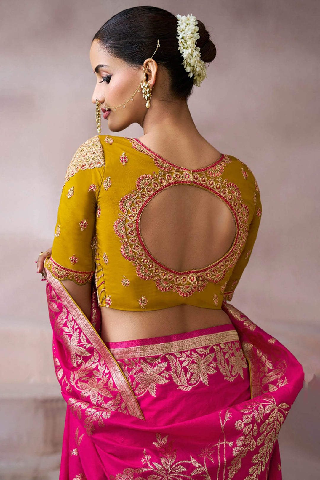 Folly Pink Zari Woven Pure Crape Silk Saree with Designer Blouse Piece