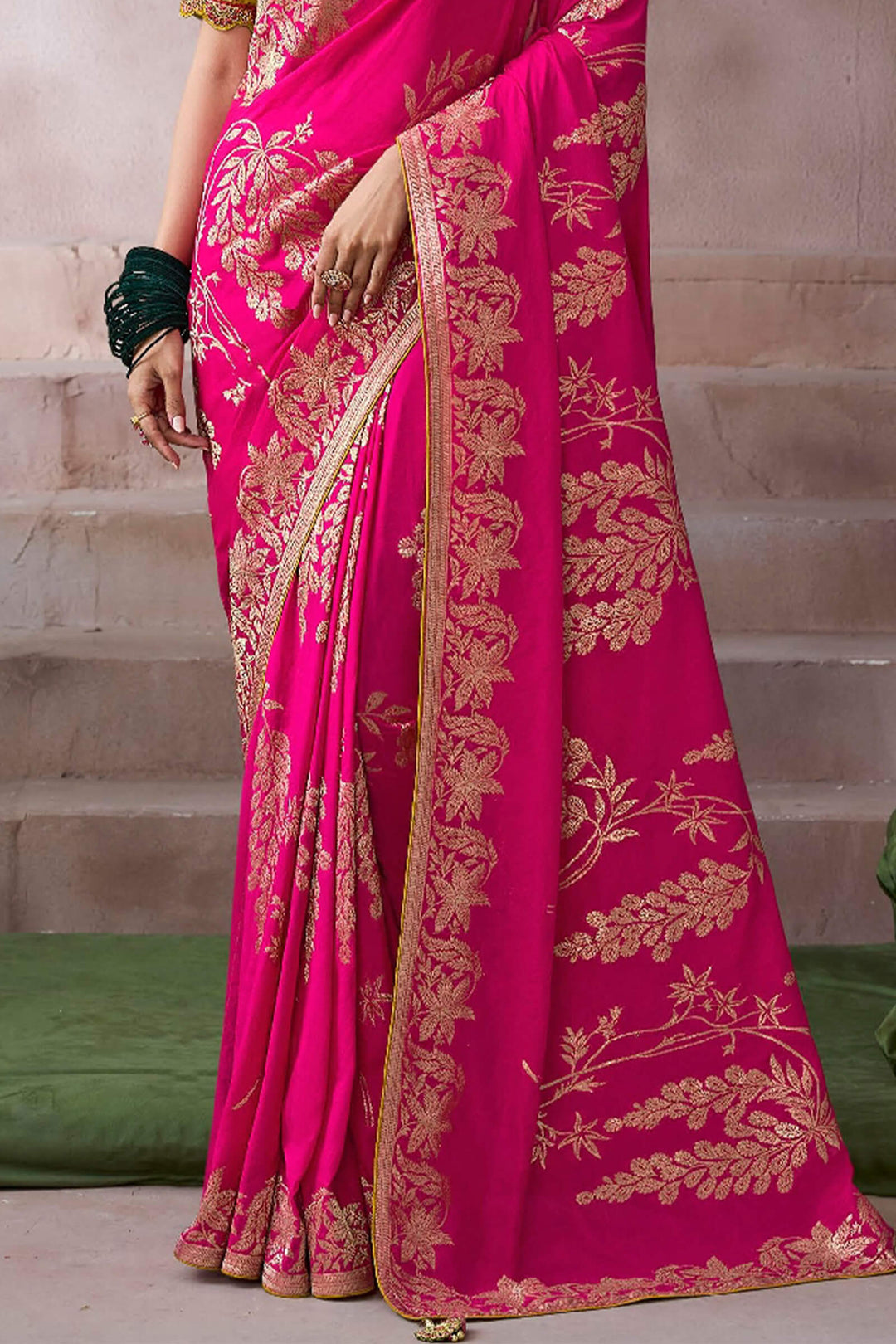 Folly Pink Zari Woven Pure Crape Silk Saree with Designer Blouse Piece