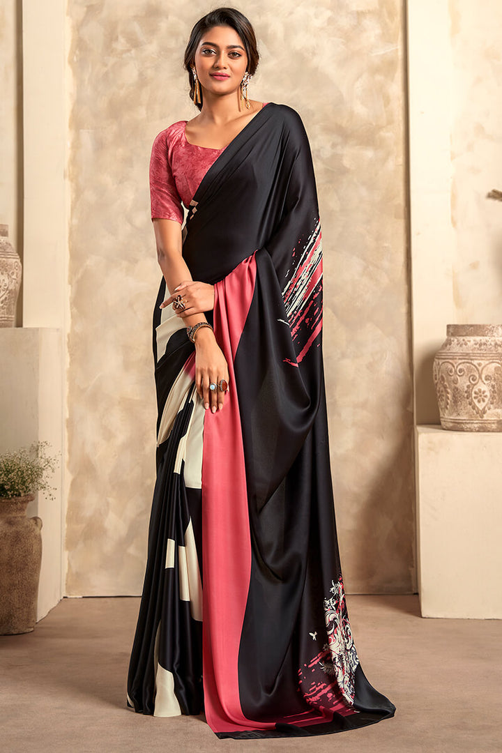 Forest Black Printed Satin Silk Saree