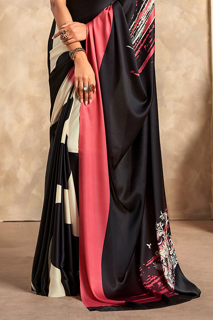 Forest Black Printed Satin Silk Saree