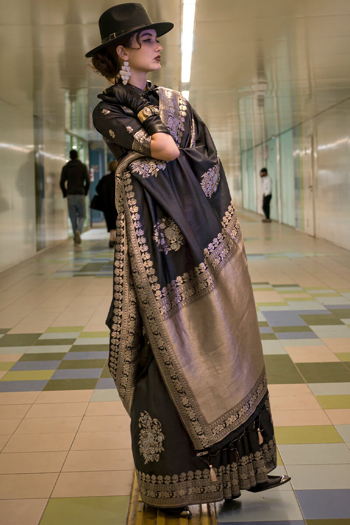 Forest Black Zari woven Banarasi Katan Silk Saree