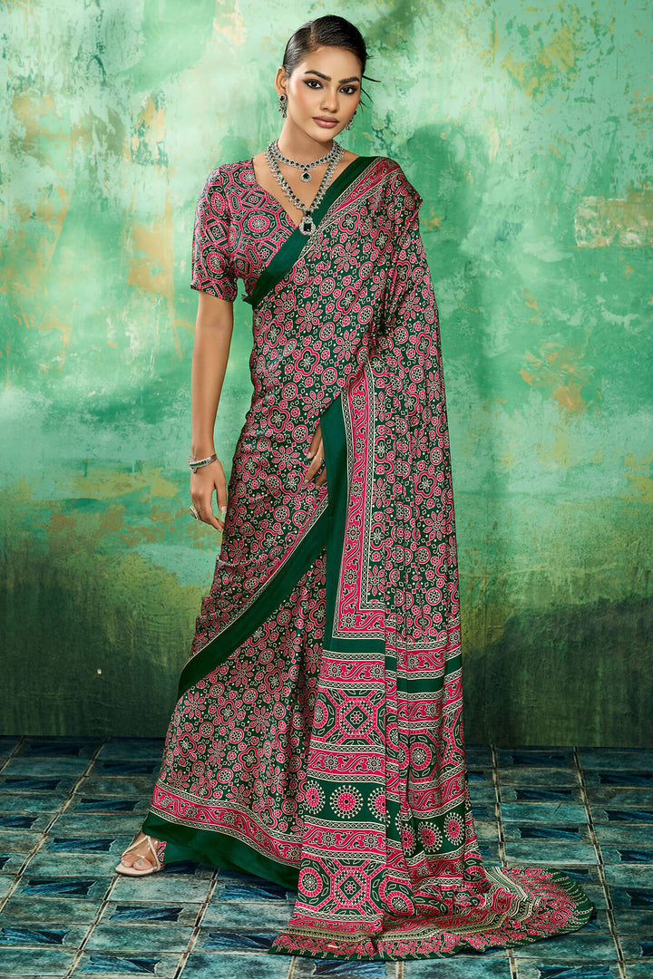 Forest Green Ajrakh Printed Satin Silk Saree